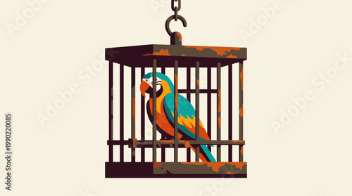Colorful parrot bird sitting inside a rusty metal cage.