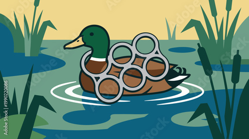 Mallard duck entangled in plastic rings in water.