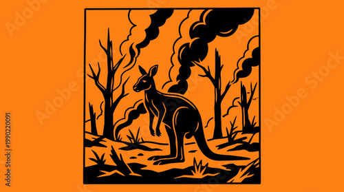 Kangaroo in a burning forest with smoke and flames.