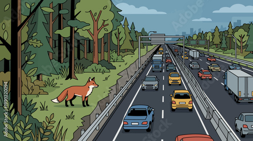 Fox standing near a busy highway in a forest.