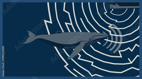 Humpback whale communicating with sonar waves in deep blue ocean.