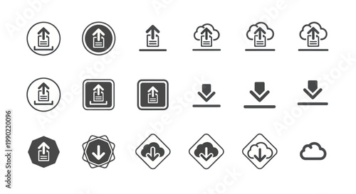 Cloud Upload and Download Icons Set: Data Transfer, Storage, Network, Internet Symbols