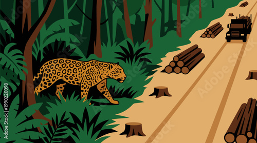 Jaguar walks through deforestation with logging truck and felled trees.