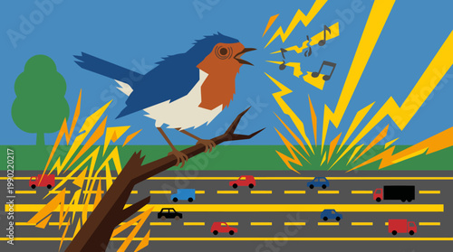 Robin bird singing loudly on a branch near a busy highway.