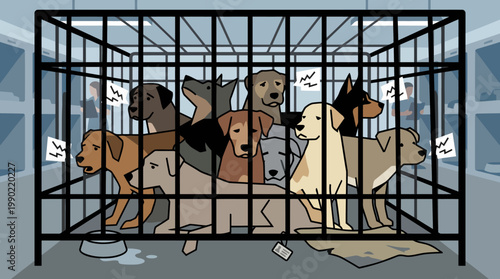 Many Dogs Huddled Together Inside a Metal Cage.