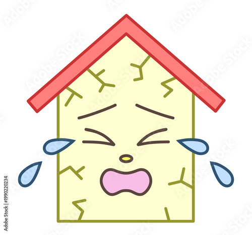 sad damaged house character crying with cracks on the wall