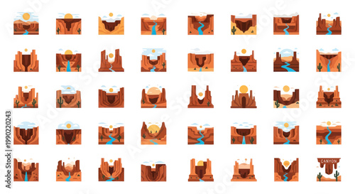 Desert Landscape Collection: Canyons, Rivers, Cacti, Sun - Flat Vector Icons
