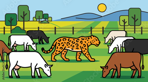Leopard walks among cows in a green field.