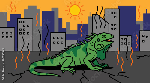 Green Iguana Reptile Standing in Cracked Dry Ground with City Buildings Background.