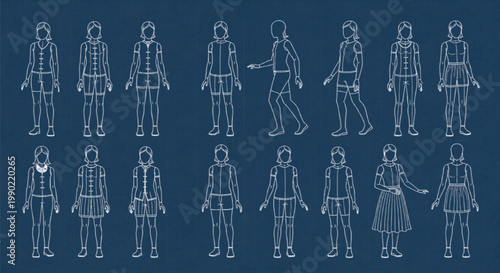 Blueprint style fashion technical sketches of female figures, 16 vector garment silhouettes on blue background, architectural clothing design templates
