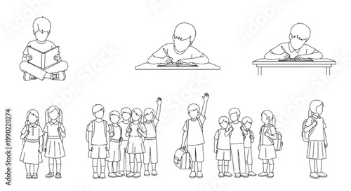 Minimalist school children line art collection, primary students studying and reading vector set, black and white outline illustrations of pupils