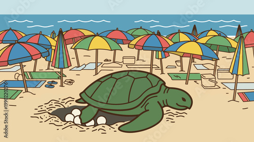 Sea Turtle Lays Eggs on Sandy Beach Among Umbrellas.