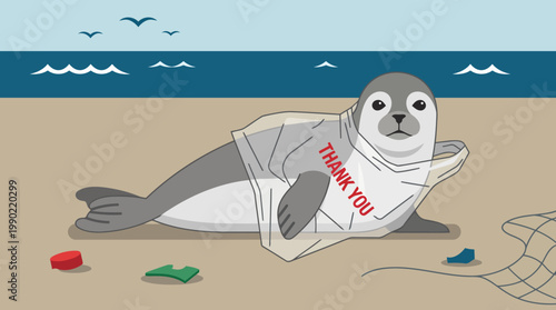 Seal entangled in plastic bag on beach with trash.