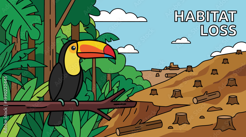Fototapeta premium Toucan sits on a branch in a deforested area showing habitat loss.
