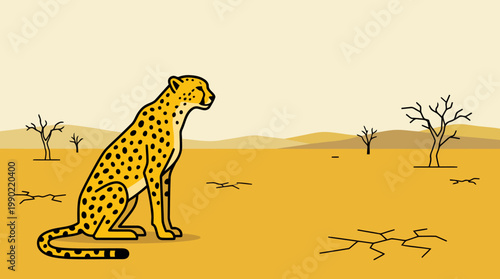 Cheetah sitting in a dry cracked desert landscape looking out.