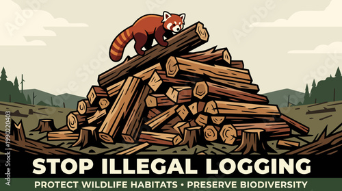 Red Panda Stands on Pile of Logs Symbolizing Deforestation.
