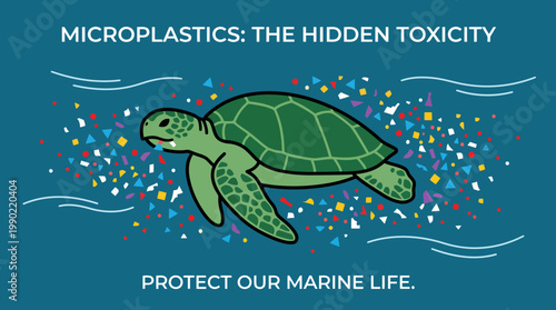 Sea Turtle Swims Through Microplastics Pollution Threatening Marine Life.