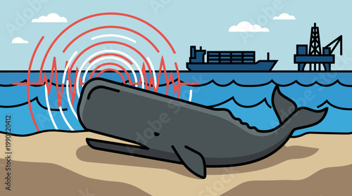 Sperm whale stranded on beach with sound waves emanating from it.