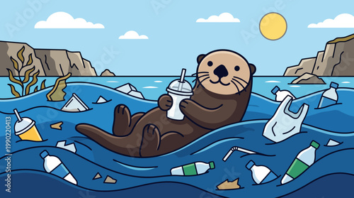 Cute Otter Floating in Ocean Surrounded by Plastic Pollution.