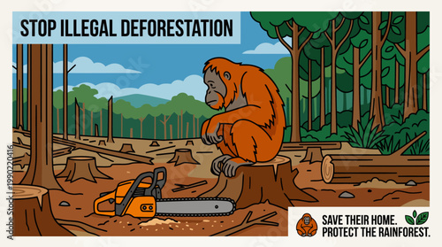 Orangutan sits sadly next to chainsaw in deforested jungle.