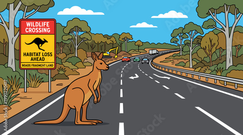 Kangaroo crossing road sign warning of habitat loss ahead.