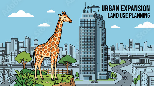 Giraffe standing on cliff overlooking urban expansion and land use planning.