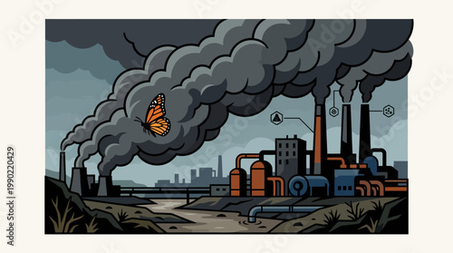 Industrial pollution with a butterfly symbol of nature.