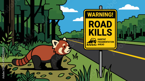 Red Panda Near Road Kills Warning Sign in Forest.