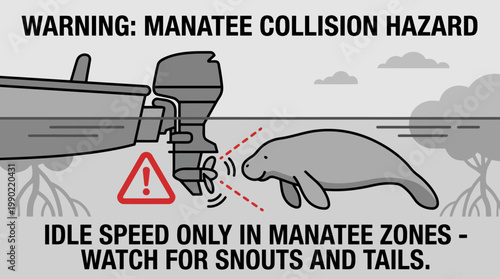 Manatee Collision Hazard Warning Sign Illustration.