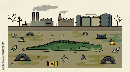 Alligator in polluted water near industrial factory.