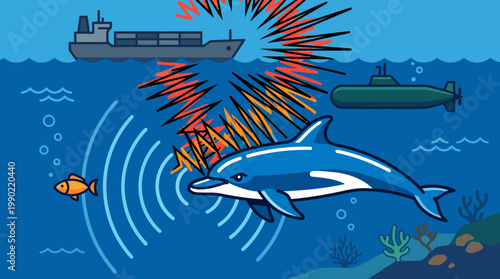 Dolphin and fish reacting to underwater sonar from ship and submarine.