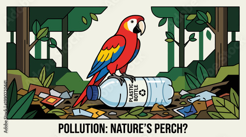 Colorful parrot sits on a plastic bottle amidst forest pollution.