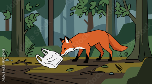 Fox investigating plastic bag in forest environment.