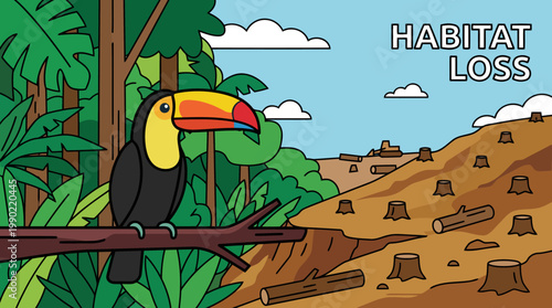 Toucan sits on a branch in a deforested area showing habitat loss.