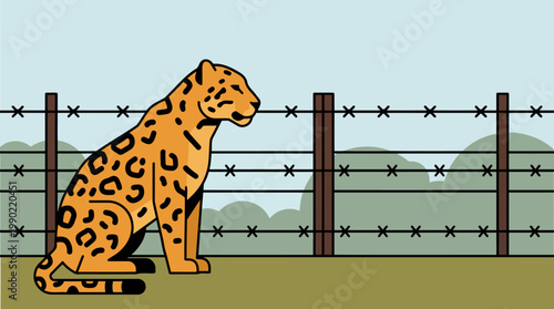Leopard sitting behind barbed wire fence illustration.