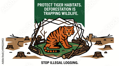 Tiger trapped in deforestation habitat destruction environmental message.