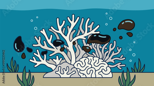 White Coral Reef Damaged by Dark Oil Droplets Underwater.