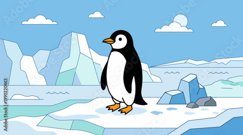 Cute cartoon penguin standing on ice floe in arctic landscape.