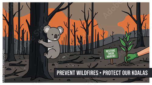 Koala clings to tree in burnt forest with reforestation effort.