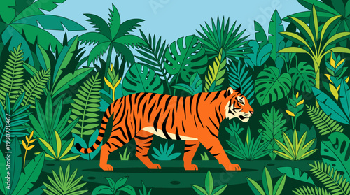 Majestic Tiger Walking Through Lush Green Jungle Foliage.