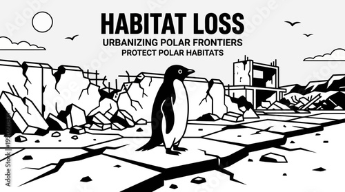 Penguin stands alone in a desolate polar landscape with habitat loss text.