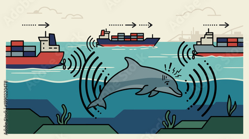 Dolphin surrounded by shipping vessel sonar waves in ocean.