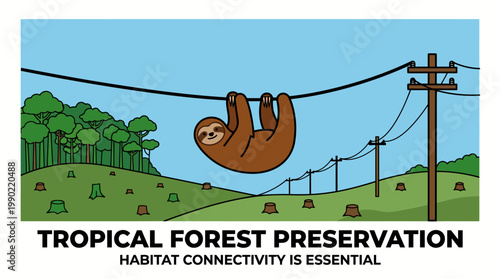 Sloth Hangs on Power Line Amidst Deforestation.