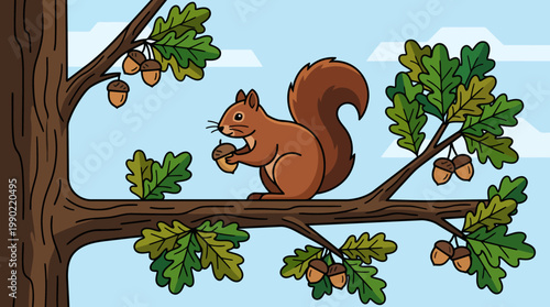 Cute cartoon squirrel holding acorns on an oak tree branch.