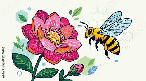 A detailed illustration of a bee flying towards a vibrant pink flower.
