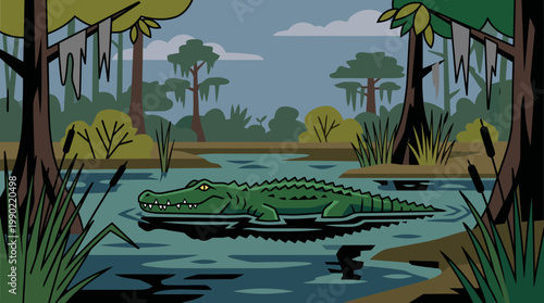 Green alligator swimming in swamp water surrounded by trees.