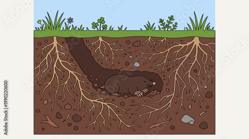 Animal burrow underground with plant roots and soil layers.