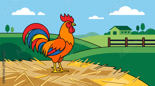 A colorful rooster stands proudly on a haystack in a rural farm setting.