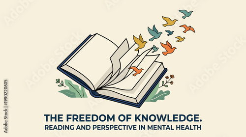 Open book with birds flying out symbolizing freedom of knowledge and imagination.
