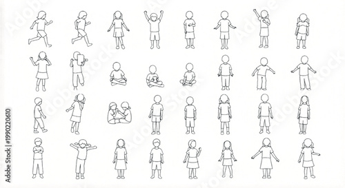 Minimalist line art children silhouettes, set of 31 hand drawn kids vector icons, architectural scale figures for rendering and site plans